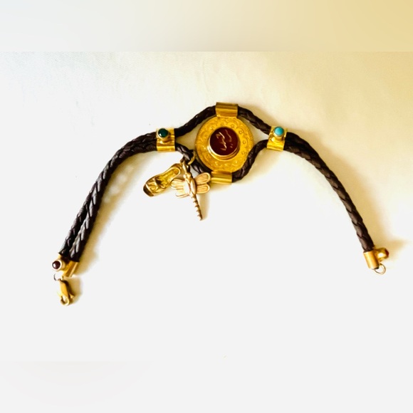 Brown rope & gold tone real silver bracelet with semi-precious stones dragonfly - Picture 8 of 11